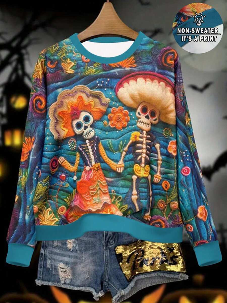 INAWLY 秋冬针织卫衣效果亡灵节情侣图案印花圆领长袖休闲运动卫衣女士 - 彩色 - 查看 1