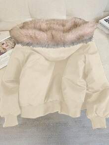 Franclia 时尚优雅休闲连帽仿皮草拼接厚款黑色女式夹棉大衣，秋冬款 - 杏色 - 查看 2