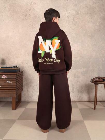  SUMWON Boys Chocolate Brown Hoodie And Sweatpants Set With New York City Graphics Long Sleeve Casual Winter Wear Co-Ord Outfit Vacation