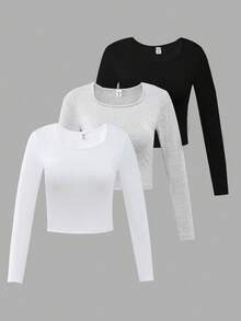 3 件装 Tween Girl 休闲 V 领长袖 T 恤套装（黑色、白色、灰色） - 彩色 - 查看 1