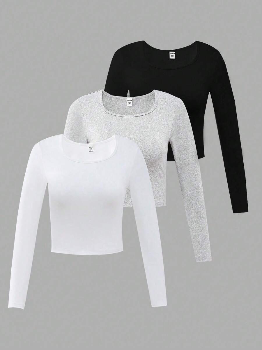 3 件装 Tween Girl 休闲 V 领长袖 T 恤套装（黑色、白色、灰色） - 彩色 - 查看 1