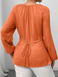 Elenzga 女士串珠裹身式束腰衬衫，秋冬款 - 橘色 - 查看 2