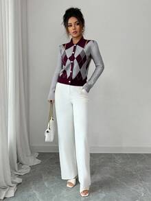 Elenzga 优雅蓝白菱形图案翻领仿门襟长袖针织毛衣，适合通勤和日常穿着，秋冬季 - 酒紅色 - 查看 4