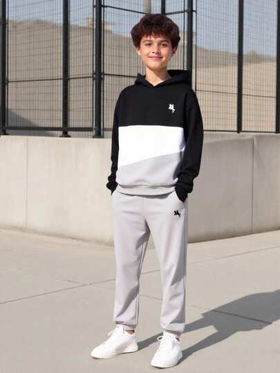  Vacaura Boy 2pcs AW Outfit: Contrast Color Round Neck Long Sleeve Sweatshirt Paired With Casual Sports Jogger Pants, Suitable For Outdoor, Commute, Daily Wear