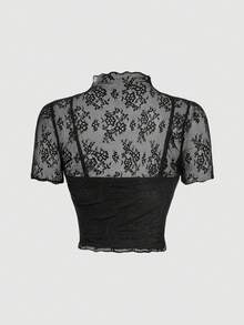 SHEIN MOD 2 件大码女式黑色蕾丝抽绳腰迷你裙套装，适合新年、狂欢、节日、Y2K、性感、西部、夏季、乡村、情人节、邮轮 - 黑色 - 查看 11