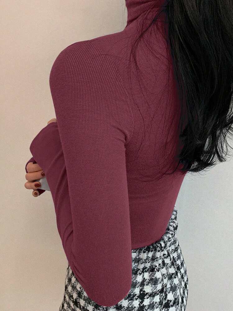 Women's Solid Color Turtleneck Tight Fitting Base Layer Long Sleeve T-Shirt, Autumn