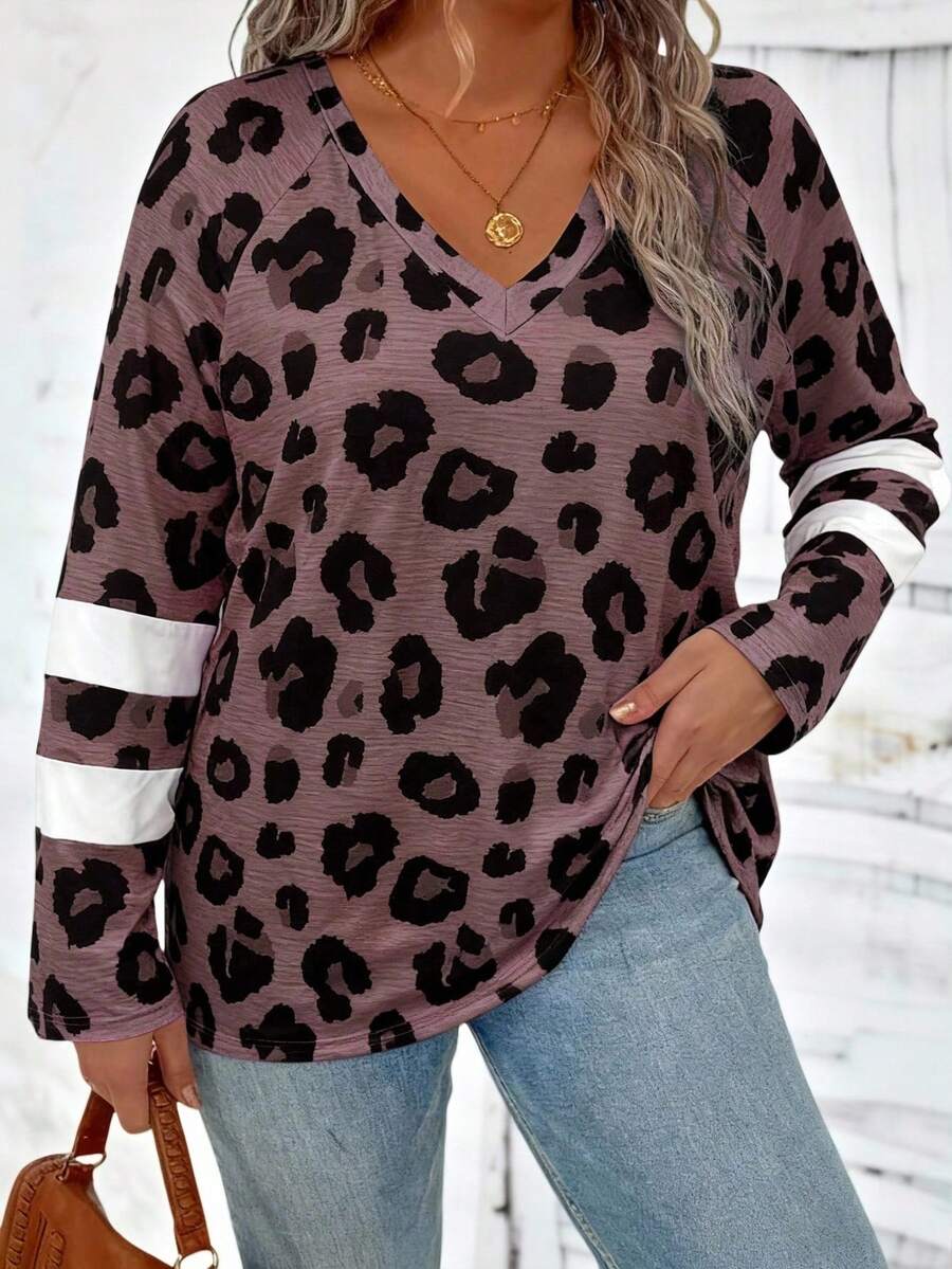 EMERY ROSE Plus Striped Print V Neck Tee Graphic Tees Women Tops - Khaki - View 1