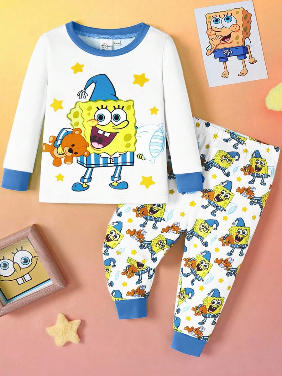 SpongeBob SquarePants | SHEIN Bộ đồ ngủ dài tay cổ tròn họa tiết hoạt hình kèm quần dài dệt kim thoải mái co giãn thường ngày cho bé trai - trắng - Xem 1