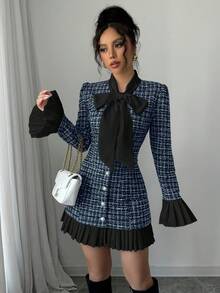 Elenzga 秋冬季蝴蝶结领撞色褶裥短裙 - 藍色 - View 6