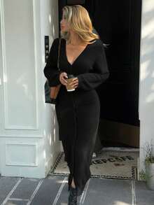 Livesso Women's V-Neck Lantern Sleeve Long Knitted Sweater Dress, Autumn - Black - View 4