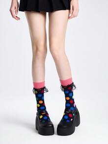 ROMWE Kawaii Tất cổ cao họa tiết chấm bi lưới xếp nếp dễ thương cho nữ - Màu xanh lam - Xem 2