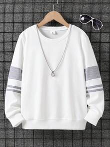 SHEIN Vacaura 男童休闲学院风圆领长袖运动衫，条纹袖子拼接，百搭日常穿着