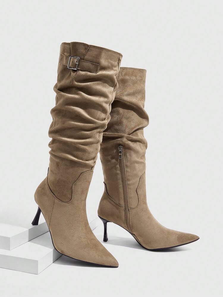 CUCCOO SZL Women's Pointed Toe Pleated Side Zipper Design Buckle Closure Fashionable High Heel Knee-High Boots