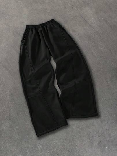 SHEIN Coolqubz Teens/Youth Casual Loose Fit Patchwork Black Straight Leg Sweatpants, Versatile Sports Pants Fall Winter,Unisex