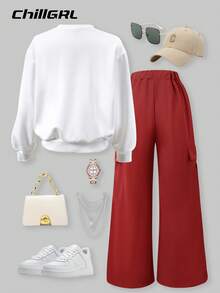 SHEIN Explorewe 2 件套女孩口号印花字母白色圆领运动衫搭配时尚休闲卡其色工装裤，街头风服装 - 酒紅色 - 查看 2