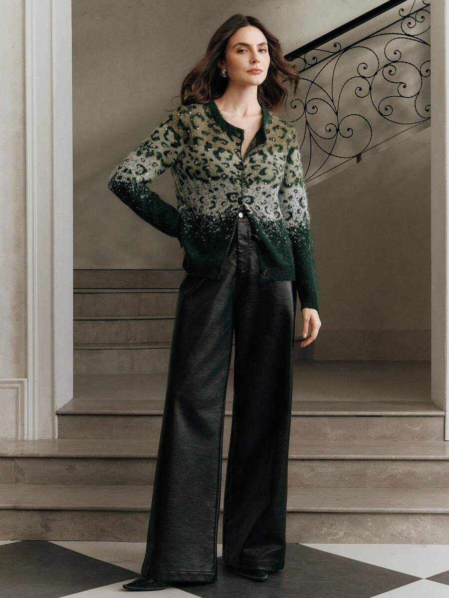 Anewsta Rhinestone Leopard Print Fuzzy Knit Cardigan - Green - View 1