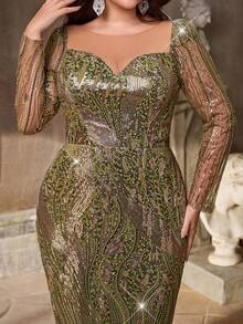 Aureia فستان أنيق فاخر مطرز بالترتر الأخضر مع فتحة رقبة، أكمام طويلة، قصة ذيل حورية البحر، مناسب للمناسبات الرسمية، الحفلات، المواعيد، الزفاف، السهرات، العطلات، بداية العام الدراسي