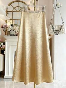 SHEIN Franclia Women's Elegant Pearl Trim Long Skirt Satin Skirts For Women Cream Skirt Women Long Skirt Elegant Skirt Silk Skirt - Champagne - View 2