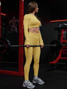 Powerista 女士纯色圆领短款长袖上衣和高腰紧身裤运动套装 - 黃色 - 查看 2