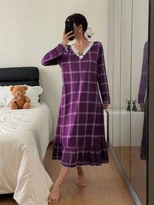 Dream Adore 女士紫色格子印花荷叶边蕾丝V领蝴蝶结丝滑长袖睡裙，休闲日常中长连衣裙 - 紫色 - 查看 6