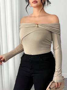 Dazy Plus Plus Size Women's Solid Color Elastic Casual Elegant Off-Shoulder Tight Fit Long Sleeve T-Shirt, Spring/Summer Going Out Tops - Khaki - View 7