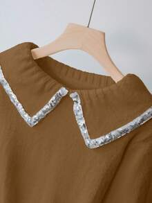 Franclia Áo len chui đầu màu trơn dáng ôm, tay dài cổ đính sequin thanh lịch dành cho nữ, cỡ lớn, mùa thu/đông - Rỉ Nâu - Xem 3