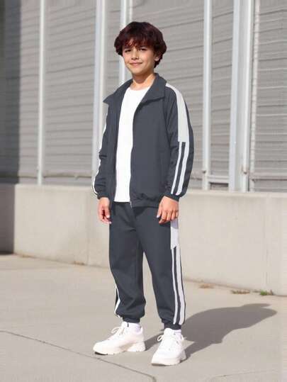 Vacaura Boy AW Outfit - 2pcs Set: Zip-Up Jacket With Striped Collar, Elastic Waist Pants, Casual Sports Style For Tween Boys Autumn/Winter