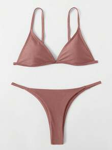 SHEIN Swim Bộ bikini gợi cảm màu trơn dành cho nữ, thích hợp cho mùa hè đi biển. - Cà phê nâu - Xem 1