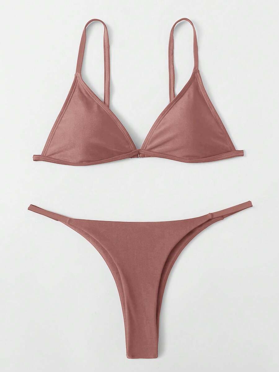 SHEIN Swim Bộ bikini gợi cảm màu trơn dành cho nữ, thích hợp cho mùa hè đi biển. - Cà phê nâu - Xem 1