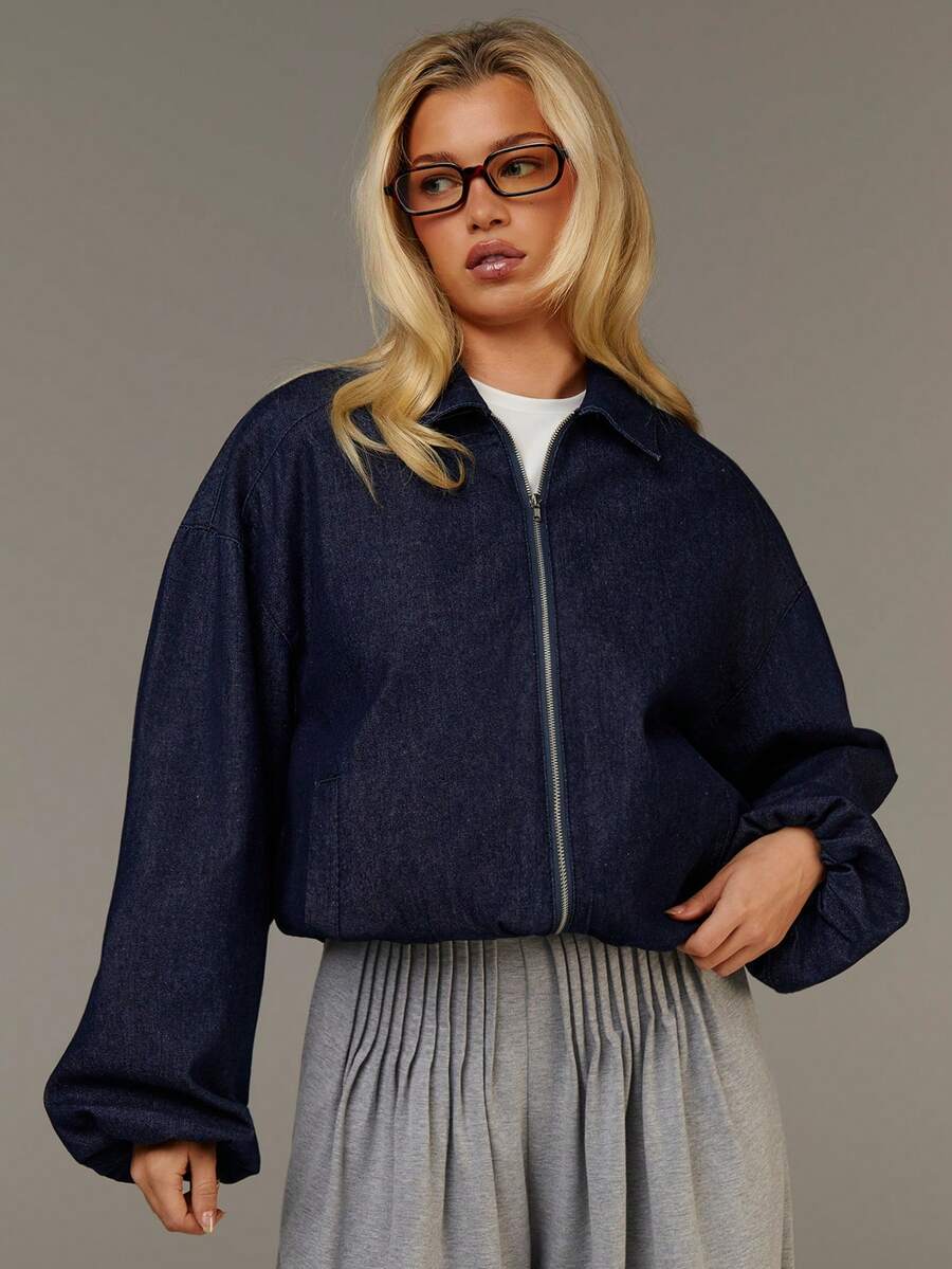 Athîral Women's Lantern Sleeve, Zip-Up Front Opening, Casual Loose Denim Jacket, Autumn And Winter Outfits, Puff Sleeve Long-Sleeved Denim Jacket,Clothes For New Year - Blue - View 1