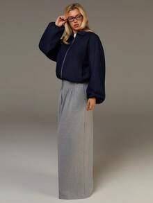 Athîral Women's Lantern Sleeve, Zip-Up Front Opening, Casual Loose Denim Jacket, Autumn And Winter Outfits, Puff Sleeve Long-Sleeved Denim Jacket,Clothes For New Year - Blue - View 4