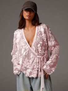 Athîral 女士时尚派对宴会交叉领结侧边宽松上衣 - 粉色 - 查看 4