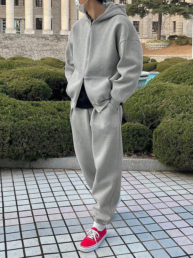 Men's Thermal Lined Gray Zip-Up Hoodie And Drawstring Waist Sweatpants Set, Autumn/Winter