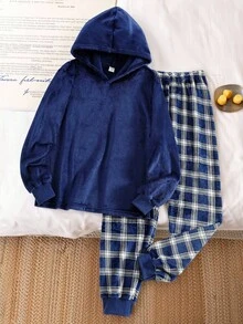 男士及青少年男孩纯色藏蓝色舒适法兰绒睡衣套装（2件套），长袖上衣和长裤，秋冬季 - 寶藍色 - 查看 6