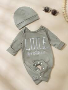 SHEIN 2件套新生男婴摄影服装 小弟弟刺绣婴儿回家服 婴儿洗礼礼物 1个月3个月婴儿摄影道具 - 灰色 - 查看 8