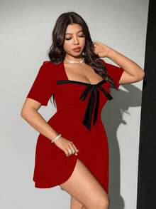 Viva Relle Plus-Size Women's Red New Year Sexy Elegant Bow Tie Valentine's Day Dress - Red - View 5