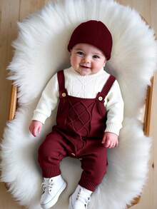 SHEIN 新生儿男/女婴幼儿秋冬服装套装：绿色针织连体衣、背带裤、毛衣，舒适、百搭、时尚、可爱、复古、经典、简约设计，适合室内、室外、滑雪、日常穿着、运动、玩耍、派对、拍照、度假等场合。