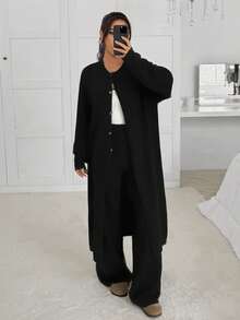 SHEIN EZwear 女士纯色高腰直筒宽松休闲针织裤 - 黑色 - 查看 5