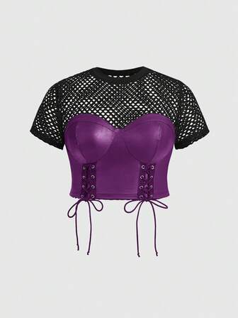 Maglietta aderente da donna taglie forti con occhielli e lacci, sexy e alla moda