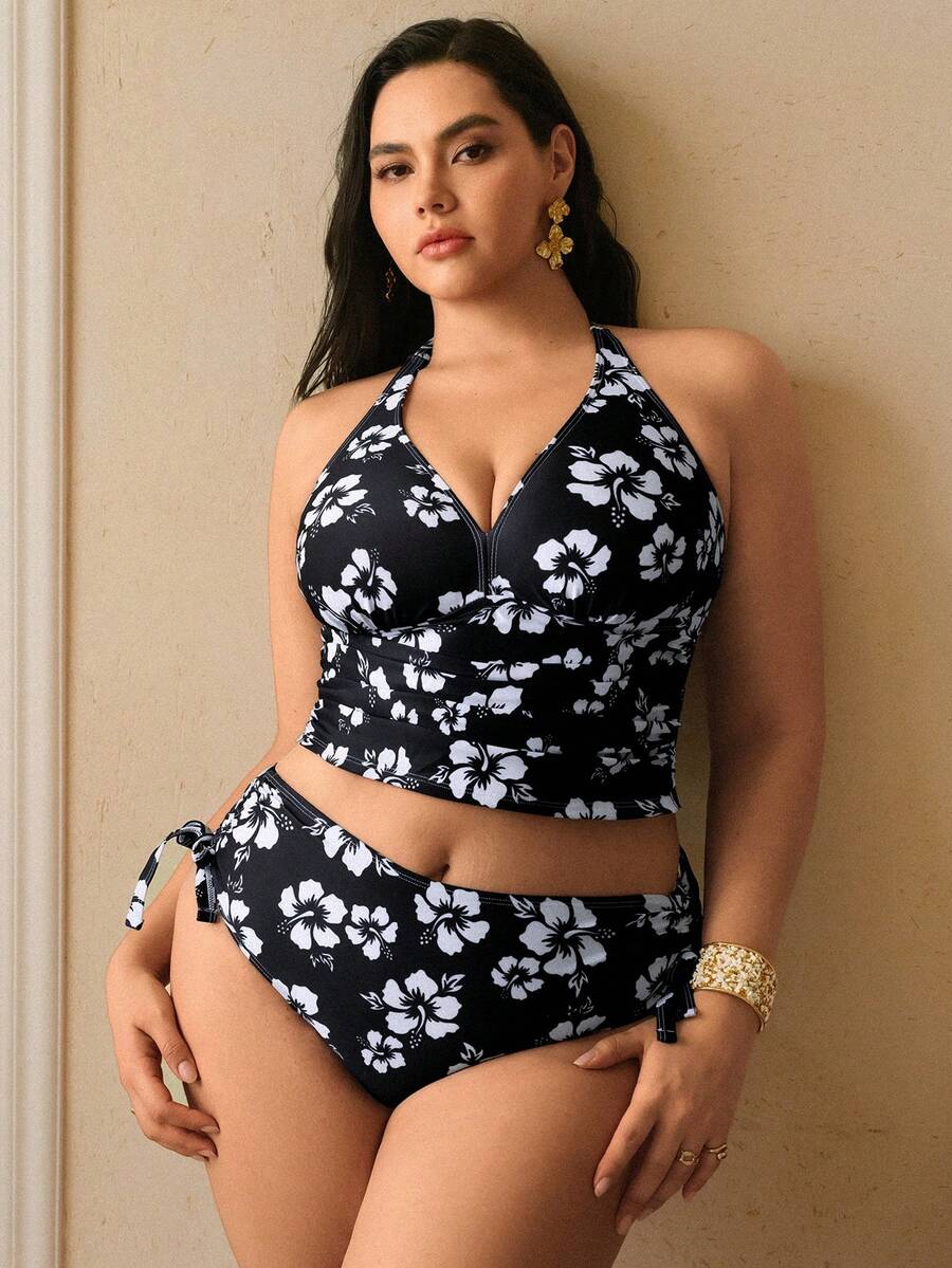 Swim Lushoire 大码印花优雅浪漫背心+裤子，比基尼上衣 - 黑色 - 查看 1