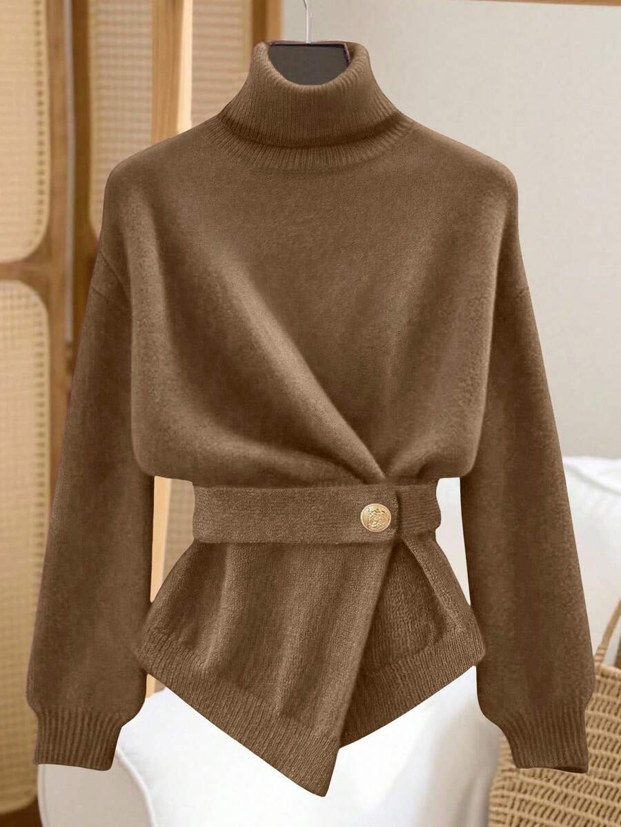 Franclia Women's Elegant High Neck Loose Cinching Waist Design Asymmetrical Hem Pullover Sweater, Winter Turtle Neck Women Brown Sweater Coffee Brown Top Winter Clothes For Women Sweaters Brown Clothes - Brown - View 1