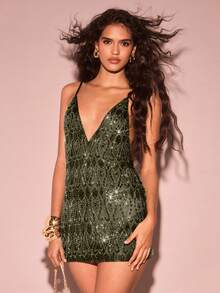 Glamine 性感亮片装饰迷你连衣裙，适合派对、夜总会和郊游 - 墨綠色 - 查看 3