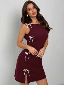 Firerie 优雅蝴蝶结装饰无袖修身A字迷你裙，性感通勤装，春夏，情人节 - 酒紅色 - 查看 9