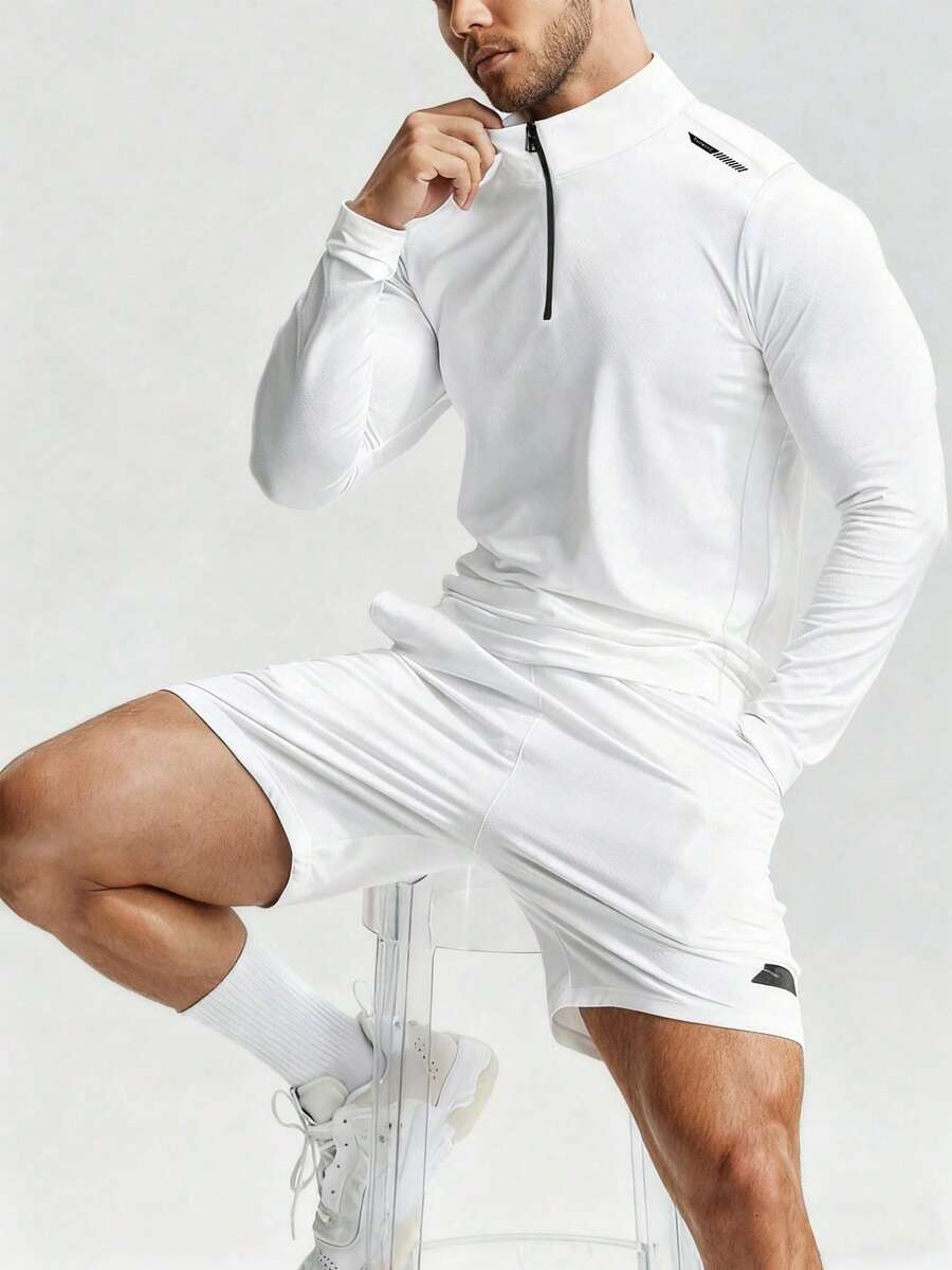 Men's Casual Solid Color Stand Collar Slim Fit Sports Jacket, Gym - White - View 1