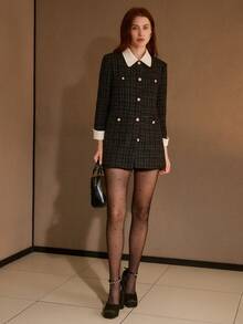 PREMIUM 女士优雅撞色滚边仿珍珠纽扣外套 - 黑色 - 查看 4