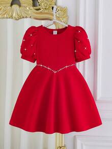 女童红色串珠泡泡袖收腰珍珠A字针织连衣裙，春秋季，适合新年、派对、聚会、圣诞节等场合。 - 紅色 - 查看 3