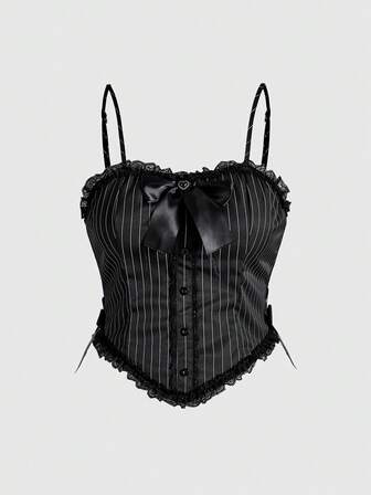 Plus Size Gothic Dark Striped Fabric Bow Tie Bandage Crop Top For Women, Can Be Worn As Undershirt