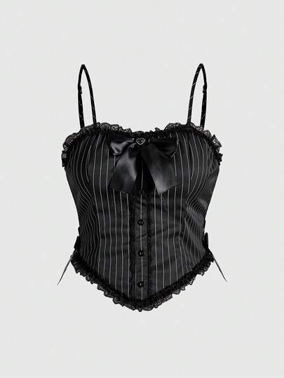 Plus Size Gothic Dark Striped Fabric Bow Tie Bandage Crop Top For Women, Can Be Worn As Undershirt