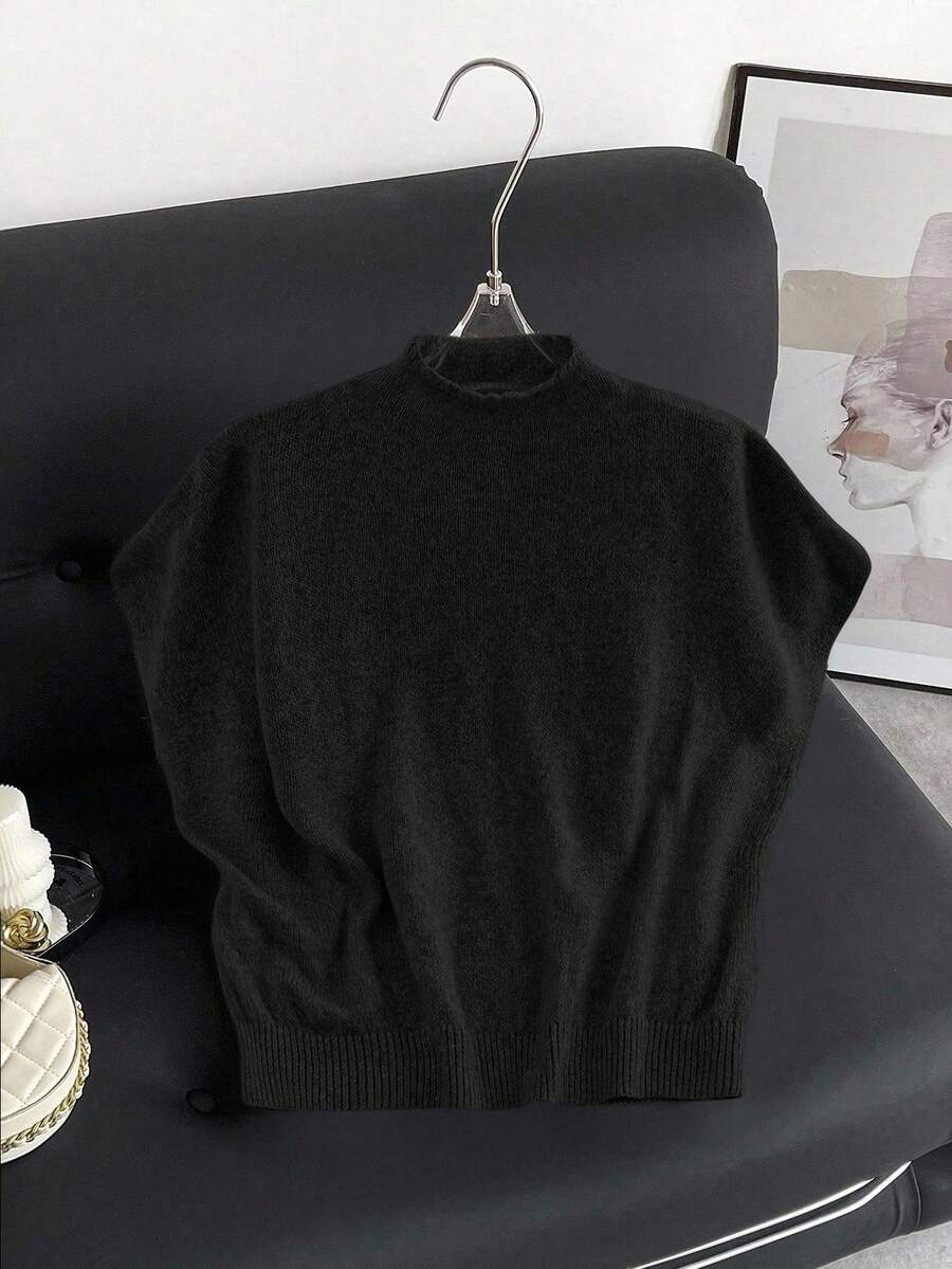 Firerie Plus Size Solid Color Minimalist Pullover Sweater, Everyday Wear/ Spring To Summer - Black - View 1