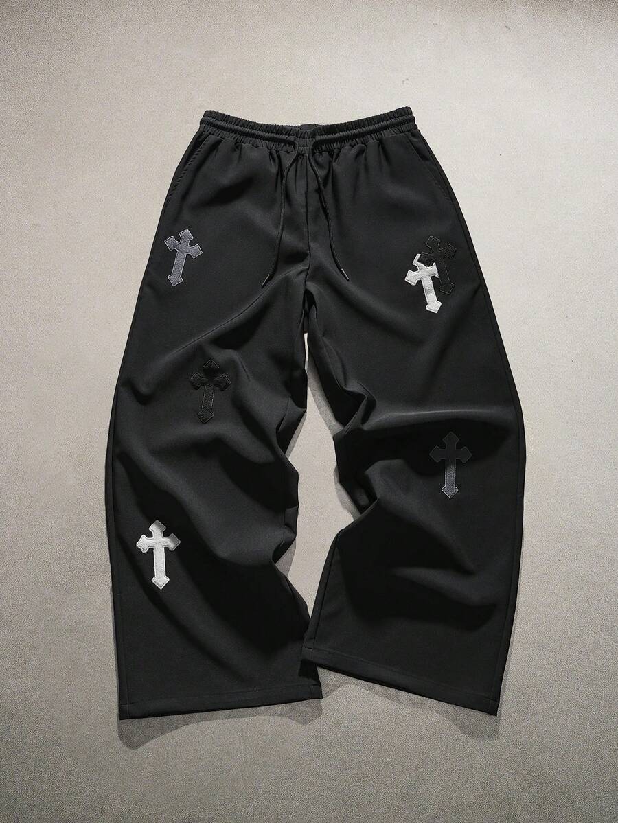 AXEPEAK Men's Casual Sports Cross Embroidery Drawstring Waist Pants - Black - View 1